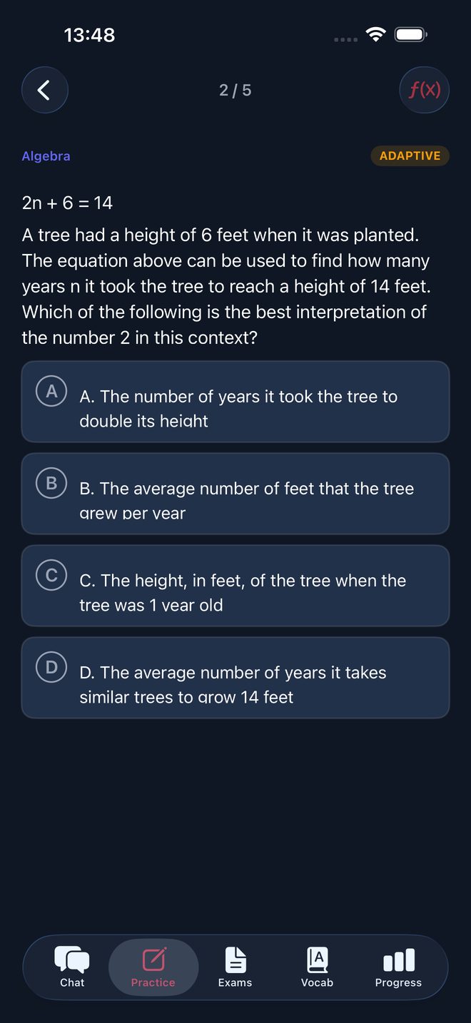 A verified SAT algebra question with four answer choices